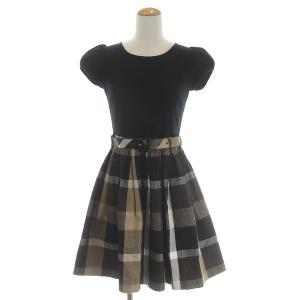 タックフレアワンピース ひざ丈 半袖 チェック 切替 ベルト コットン 36 ブラック ブラウン
