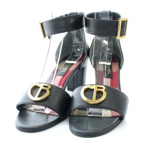 クレストブリッジロゴモチーフサンダル ヒール アンクルストラップ 24cm M ブラック ゴールド
