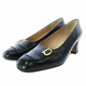 ガンチーニ パンプス スクエアトゥ チャンキーヒール レザー 5 22.5cm ブラック