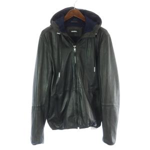 シープスキンフーデッドジャケット 革ジャン ライダース ジャケット レザー ジップアップ フード L 黒 ブラック