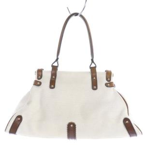 FENDI ボルサ マジック ピッコラ ハンドバッグ キャンバス レザー ロゴプレート 白 ホワイト 茶 ブラウン