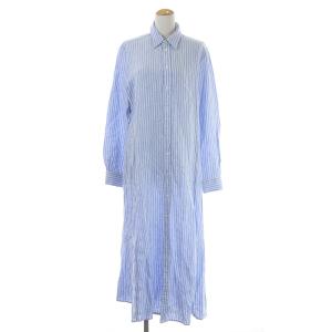 シャツワンピース ロング丈 長袖 ベルト ストライプ 麻 リネン 10 XL 水色 ライトブルー 白 ホワイト 211753937001