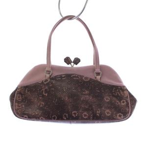 PRADA 三角プレート ハンドバッグ がま口 サテン パイソンレザー 切替 ブラウン