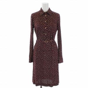 ワンピース ひざ丈 長袖 総柄 ベルト付き 金ボタン シルク 2 レッド ホワイト