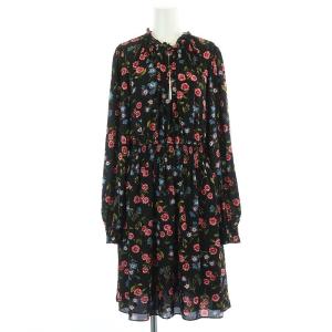 フレアワンピース ひざ丈 長袖 ウエストゴム 花柄 M マルチカラー