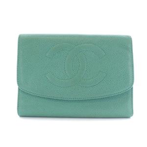 CHANEL ココマーク キャビアスキン 三つ折り財布 レザー 緑 5番台