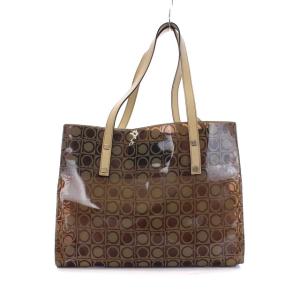 Salvatore Ferragamo ガンチーニ ビニールトートバッグ ハンドバッグ 総柄 茶 ブラウン グレージュ AU-21 1317
