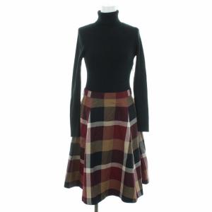 18AW ワンピース タートルネック 長袖 リブ編み チェック柄 ウール 36 ブラック ブラウン