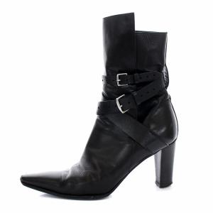 HERMES ショートブーツ ヒール ベルト ポインテッドトゥ レザー 36.5 ブラック