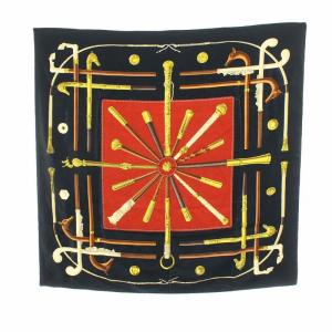 カレ90 CANNES＆POMMEAUX スカーフ ステッキ柄 ブラック レッド