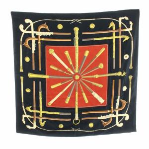 HERMES カレ90 CANNES＆POMMEAUX スカーフ ステッキ柄 ブラック レッド