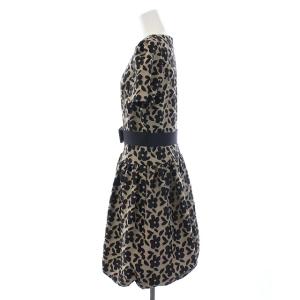 M'S GRACY 18年製 半袖 ジャガードワンピース ひざ丈 花柄 バルーン ベルト付き XL ブラック ベージュ