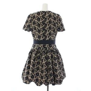 M'S GRACY 18年製 半袖 ジャガードワンピース ひざ丈 花柄 バルーン ベルト付き XL ブラック ベージュ