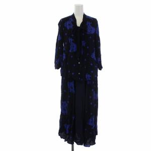 21SS セットアップ 上下 ボウタイブラウス シャツ 七分袖 フレアスカート ロング ドット 花柄 切替 36 S 紺 ネイビー