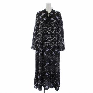 20AW スキッパーネックワンピース ロング 長袖 フレア 花柄 リボン 36 ブラック