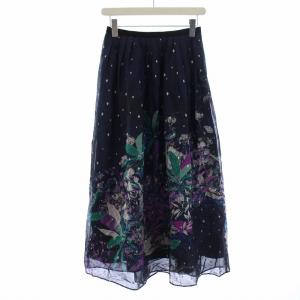 18AW フレアスカート ギャザースカート ロング ボタニカル柄 コットン 36 S 紺 ネイビー
