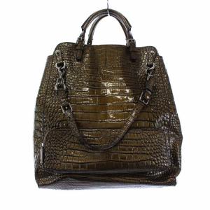 DOLCE&GABBANA トートバッグ ハンドバッグ 2WAY クロコ型押し レザー エナメル 裏地レオパード ヒョウ柄 カーキ