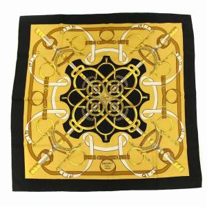 HERMES カレ90 Eperon d'or 黄金の拍車 スカーフ シルク スクエア ブラック イエロー