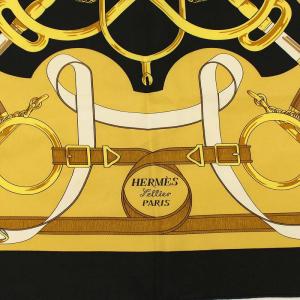 HERMES カレ90 Eperon d'or 黄金の拍車 スカーフ シルク スクエア ブラック イエロー