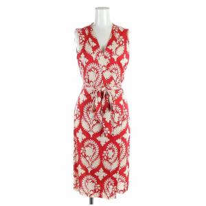 ラップワンピース ひざ丈 シルク 総柄 ノースリーブ 6 XL 赤 レッド