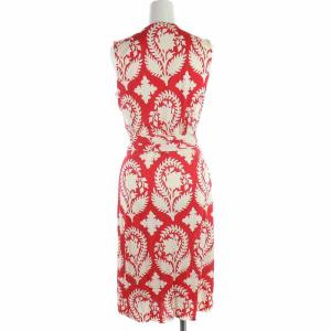 DIANE von FURSTENBERG ラップワンピース ひざ丈 シルク 総柄 ノースリーブ 6 XL 赤 レッド