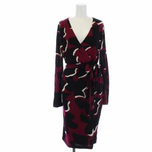 ラップワンピース ひざ丈 長袖 Vネック 総柄 リボン ウール S ボルドー ブラック