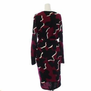 DIANE von FURSTENBERG ラップワンピース ひざ丈 長袖 Vネック 総柄 リボン ウール S ボルドー ブラック