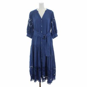 20SS カットワークティアードワンピース ロング ベルト付き 七分袖 36 S 青 ブルー
