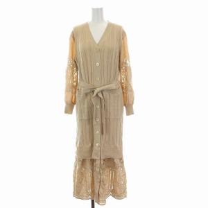 21SS 刺繍ニットワンピース ロング カットワーク 長袖 36 S ベージュ