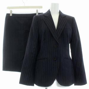 スーツ セットアップ 上下 テーラードジャケット 2B 裏地花柄 スカート ひざ丈 タイト ストライプ ウール 40 L 黒