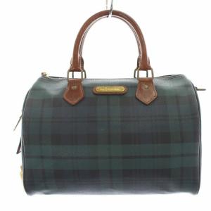 ミニボストンバッグ ハンドバッグ PVCレザー ブラックウォッチ ネームタグ ブラウン グリーン