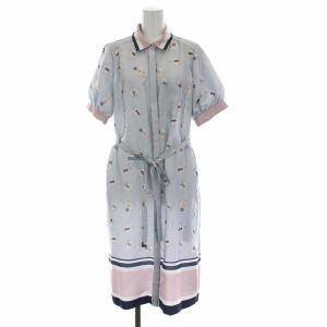 21SS プールサイドシャツワンピース ひざ丈 サテン 総柄 半袖 36 S 青 ブルー ピンク