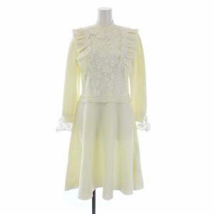 19AW フラワーレース ニットワンピース 長袖 ひざ丈 フリル ハイネック 0 S オフホワイト