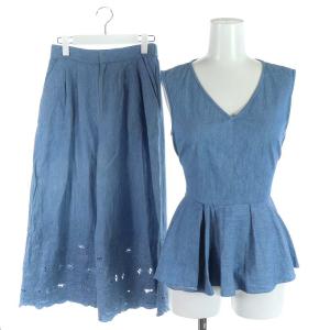 セットアップ 上下 デニム カットソー リボン ノースリーブ ワイドパンツ ロング 36 S 青 ブルー