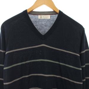 BRUNELLO CUCINELLI ニット セーター Vネック ボーダー コットン100% 長袖 イタリア製 52 ネイビー