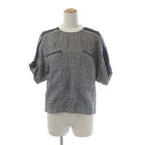 カットソー モックネック プルオーバー 半袖 千鳥柄 シアー リネン混 36 S ブラック ホワイト
