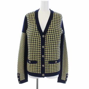 13SS ニットカーディガン ココボタン ツイード切替 カシミヤ 38 黄 紺