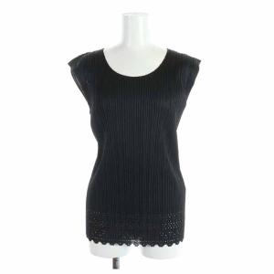 イッセイミヤケ カットソー Uネック プリーツ パンチング ノースリーブ 3 L ブラック