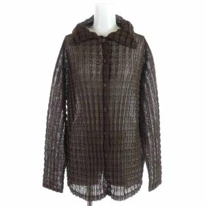 カーディガン ハイネック メッシュ 長袖 茶 ブラウン