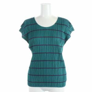 イッセイミヤケ カットソー Uネック プリーツ ボーダー フレンチスリーブ 3 グリーン