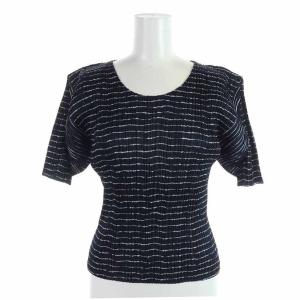 イッセイミヤケ カットソー Uネック プリーツ ボーダー 半袖 3 L 紺 ネイビー 白 ホワイト