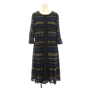 ワンピース フレア プリーツ ひざ丈 ボーダー 七分袖 13 ブラック ブルー