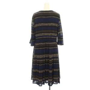 Leilian ワンピース フレア プリーツ ひざ丈 ボーダー 七分袖 13 ブラック ブルー