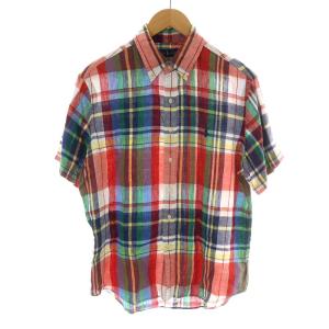 ボタンダウンシャツ 半袖 チェック柄 リネン 麻 M マルチカラー 赤 レッド 青 ブルー 緑 グリーン