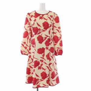 フラワーフレアワンピース 長袖 ひざ丈 40 ベージュ レッド