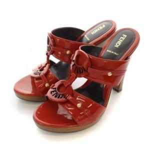 FENDI ミュール サンダル ハイヒール ウッドソール 木底 ロゴ エナメル 靴 シューズ 37 24cm オレンジレッド