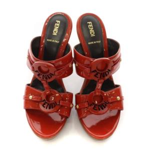 FENDI ミュール サンダル ハイヒール ウッドソール 木底 ロゴ エナメル 靴 シューズ 37 24cm オレンジレッド
