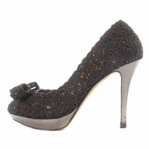 Salvatore Ferragamo パンプス オープントゥ ハイヒール ヴァラ レース ラメ 6.5C ブラウン