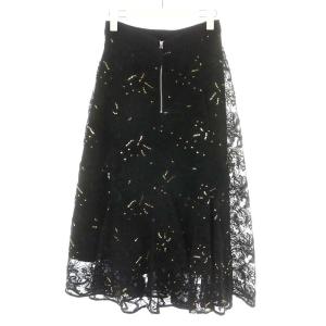 CELFORD 18AW フレアスカート ミモレ ロング 刺繍 スパンコール チュール シースルー 38 ブラック