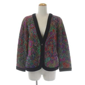 FASHION カーディガン 長袖 キルティング 中綿 総柄 ウール シルク混 M カーキ ブラック